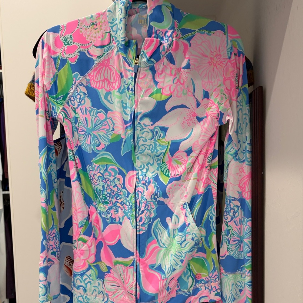 Lilly Pulitzer Blue Pink Green Floral Zip-Up Hoodie